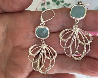 Aqua Glass Earrings: Silver Filigree Fan Dangle Earrings