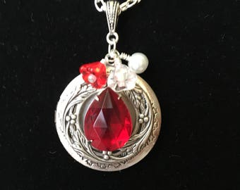 Red Crystal Locket Necklace: Silver Plated, July Birthstone