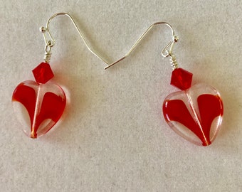 Heart Earrings - Red and Clear Heart Glass Lampwork - Red Inclusions - Red Siam Swarovski Crystal - Valentines' Day Earrings