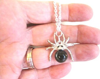 Spider Necklace-Halloween-Silver and Black Spider Pendant-Steampunk-Goth