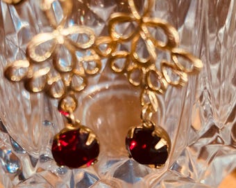 Dark Garnet Glass Earrings: Gold Feather Connectors, January Birthstone