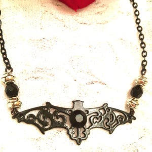 Bat Necklace - Gothic Jewelry - Halloween - Black Enamel Filigree Bat - Black and Silver Beads - Halloween Jewelry