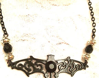 Black Enamel Bat Necklace: Gothic Filigree Jewelry