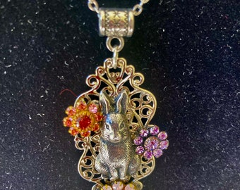 Bunny Necklace: Silver-Plated Rabbit, Swarovski Crystal Flowers