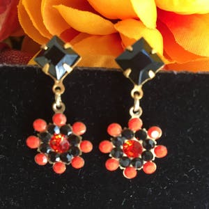 Vintage  Swarovski Hyacinth & Black Stones - Orange Stud Earrings - Gold Posts  - Steelers&#39; Earrings - Halloween Earrings