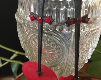 Black Gothic Sword Earrings - Red Swarovski Crystals - Medieval Jewelry - Goth Earrings -  Pagan
