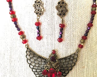 Red Crystal Winged Necklace Earring Set: Renaissance Costume Jewelry