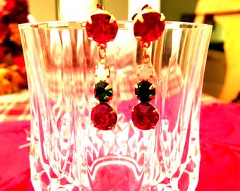 Red Siam Erinite Green White Opal Swarovski Crystals - Post Earrings - Christmas Wedding