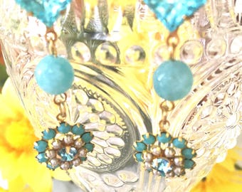Aqua Flower Dangle Earrings: Swarovski Crystal, Pearl, Amazonite
