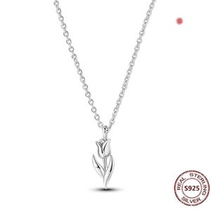 S925 Pandora Matt Tulip Flower Pendant Necklace- Sterling Silver Minimalist Jewelry - Bridal Jewelry Necklace