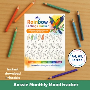 Rainbow Lorikeet Feelings Tracker – Kids Monthly Mood Chart | Digital Download
