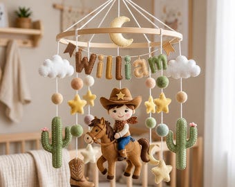 Cute Cowboy Baby Mobile, Cowgirl Nursery Hanging Toy, Wooden Arm Decor,  Handmade Baby Crib Mobile, Baby Shower Gift, Newborn Gift