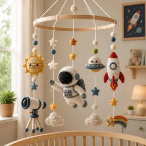 Mobile pour bébé astronaute, jouet suspendu pour chambre d'enfant, décoration de bras en bois, mobile fait main pour lit de bébé, cadeau baby shower, cadeau nouveau-né