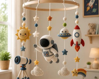 Astronaut Baby Mobile, Space Nursery Hanging Toy, Wooden Arm Decor,  Handmade Baby Crib Mobile, Baby Shower Gift, Newborn Gift