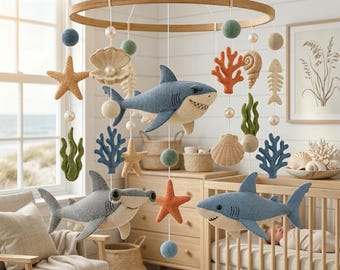 Haaienfamilie babymobiel, oceaandierenkwekerij hangend speelgoed, houten armdecor, handgemaakte babywieg mobiel, kraamcadeau