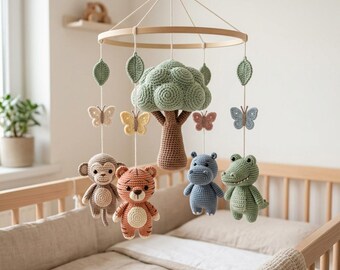 Mobilne łóżeczko Safari, robione na szydełku zwierzątka, dekoracja do pokoju dziecięcego w dżungli, ręcznie robiona mobilna figurka Amigurumi, neutralny prezent dla dziecka, drewniana mobilna figurka do łóżeczka