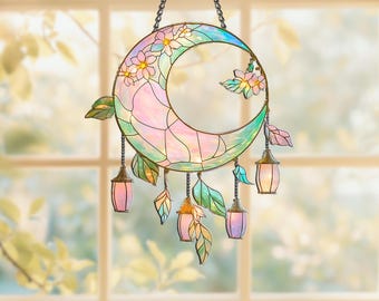 Acryl Mond Suncatcher Fensterbehang, Floral Crescent Light Catcher für Boho Home Decor und Garten Fenster Kunst