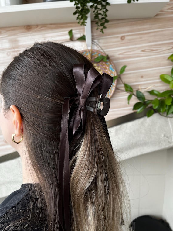 Brown Satin Ribbon Bow Barrette, Elegant Hair Clip - Etsy display picture 3