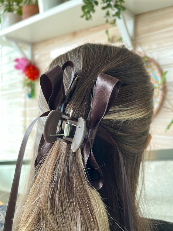 Brown Satin Ribbon Bow Barrette, Elegant Hair Clip - Etsy display picture 1