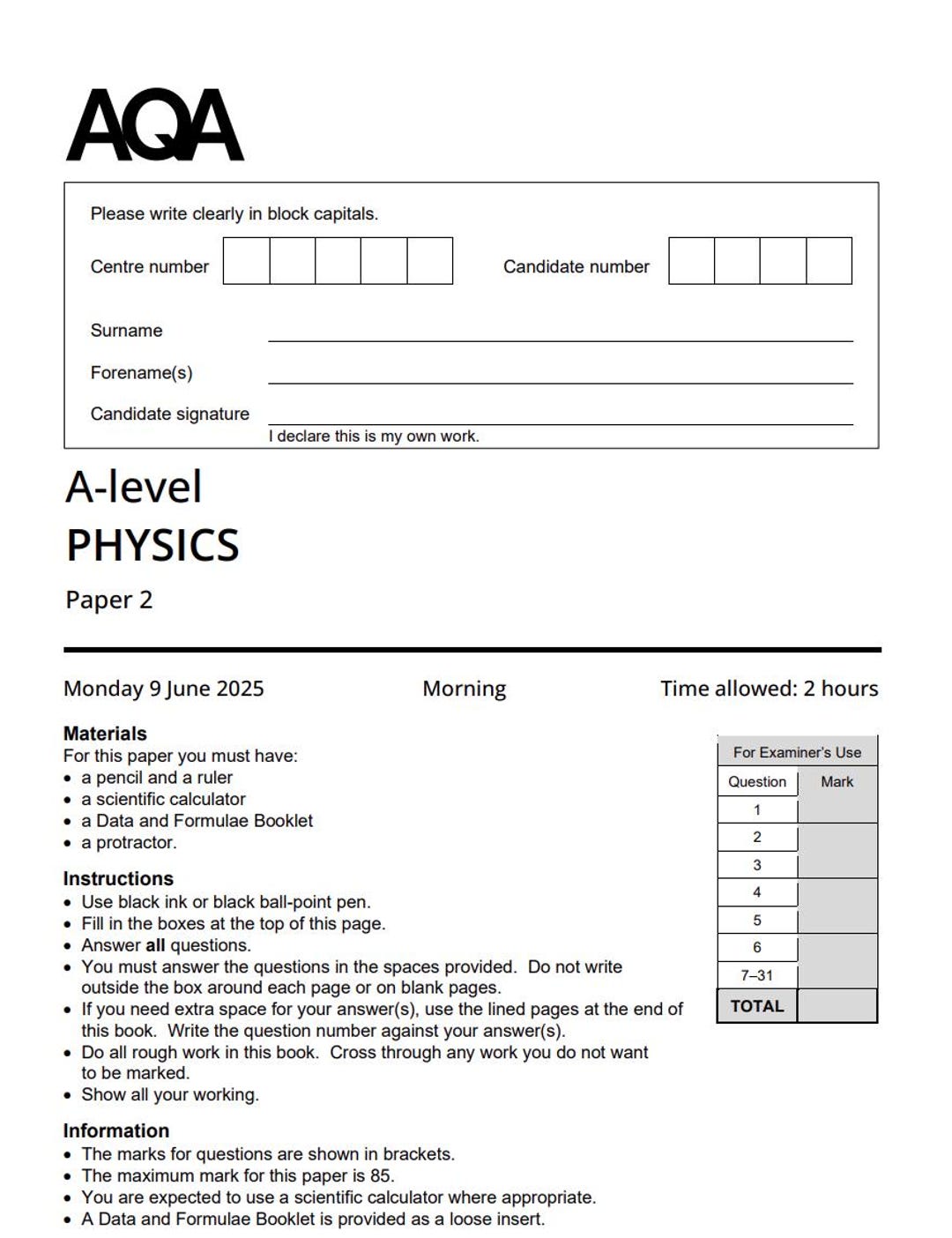 2025 AQA A Level Physics Paper 2 and Mark Scheme 7408 2 - Etsy UK