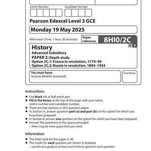 May include: A Pearson Edexcel Level 3 GCE exam paper for History, Advanced Subsidiary, Paper 2: Depth study. The exam is scheduled for Monday, May 19, 2025, with a duration of 1 hour and 30 minutes. Includes instructions and information for candidates.