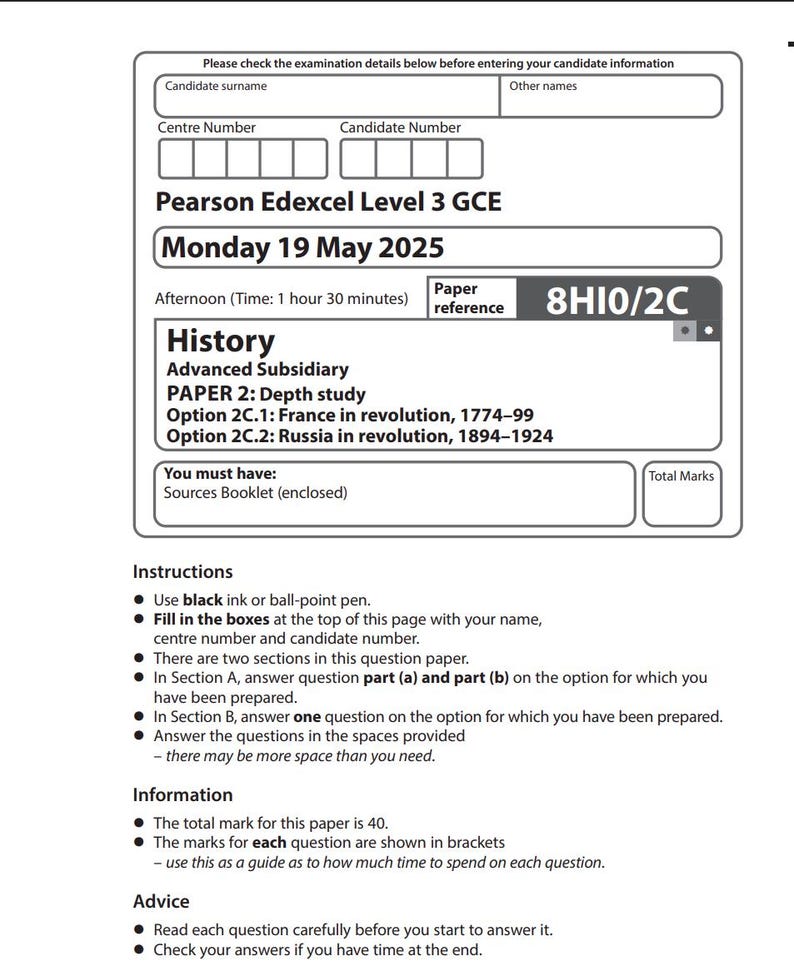 May include: A Pearson Edexcel Level 3 GCE exam paper for History, Advanced Subsidiary, Paper 2: Depth study. The exam is scheduled for Monday, May 19, 2025, with a duration of 1 hour and 30 minutes. Includes instructions and information for candidates.
