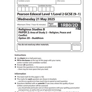 Pode incluir: Um exame em branco para Pearson Edexcel Level 1/Level 2 GCSE (9-1) Estudos Religiosos B, datado de quarta-feira, 21 de maio de 2025. O documento inclui instruções, informações e conselhos para o exame. A referência do documento é 1RB0/2D.