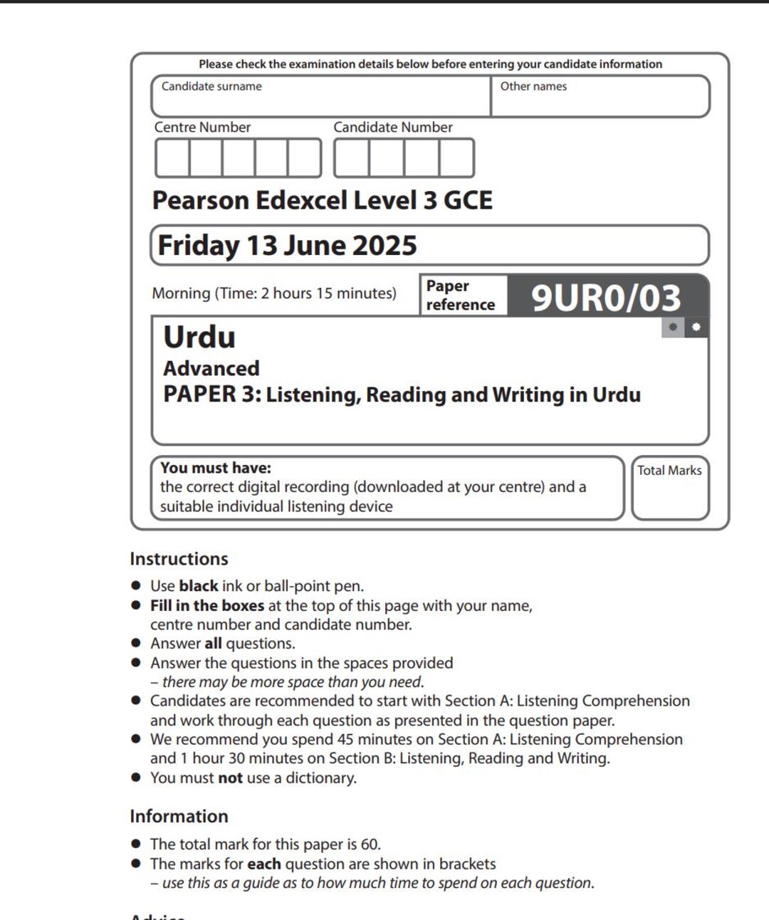 2025 Pearson Edexcel A Level Urdu Paper 3 + Mark Scheme 9ur0 03 - Etsy