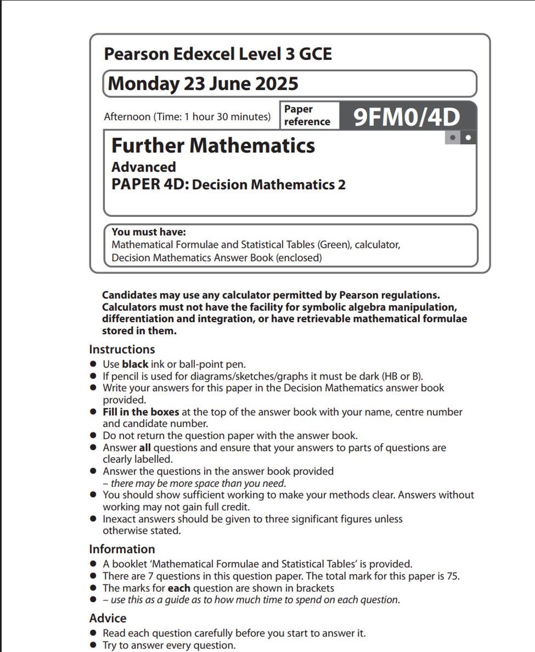 2025 Pearson Edexcel A Level Further Mathematics Paper 4D + Mark Scheme ...