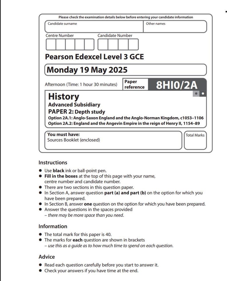 2025 Pearson Edexcel as History Paper 2+ Mark Scheme 8hi0 2A image 1