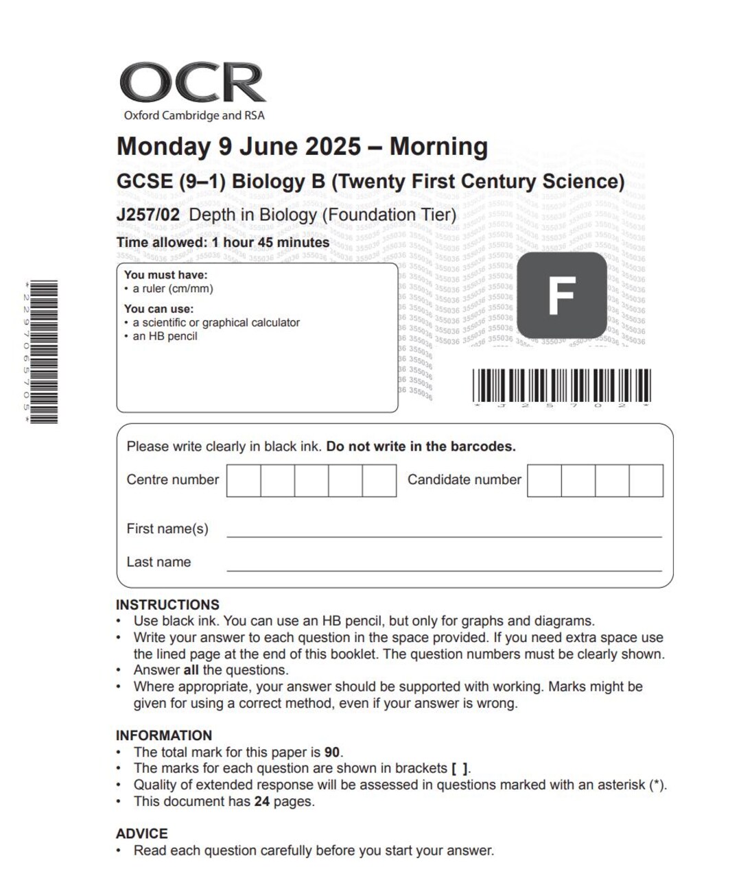 2025 OCR GCSE Biology B Paper 2 and Mark Scheme Foundation Tier Depth ...