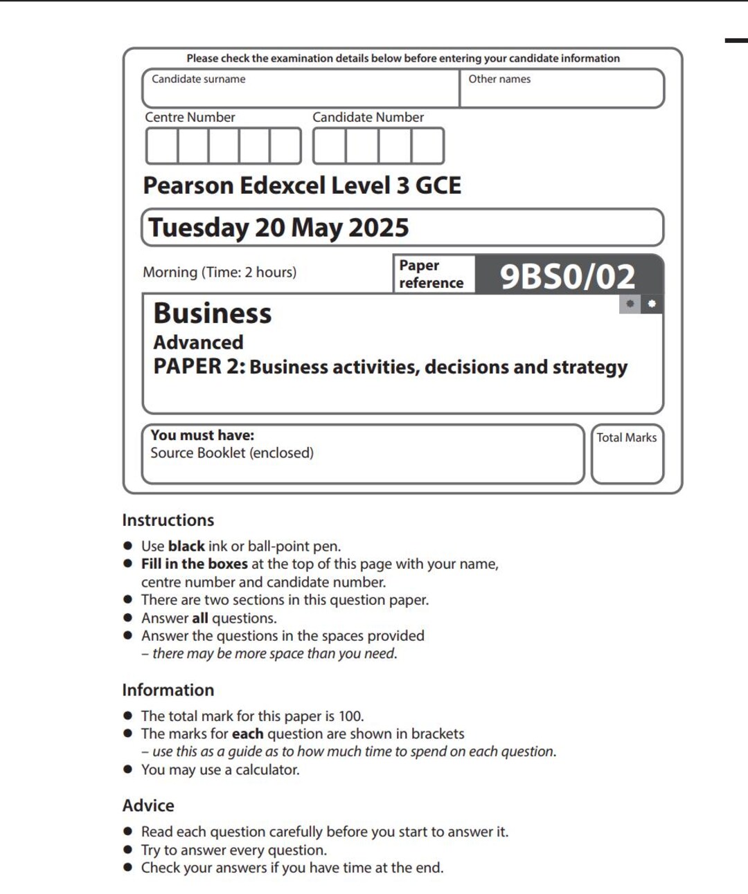 2025 Pearson Edexcel A Level Business Paper 2+ Mark Scheme Business ...