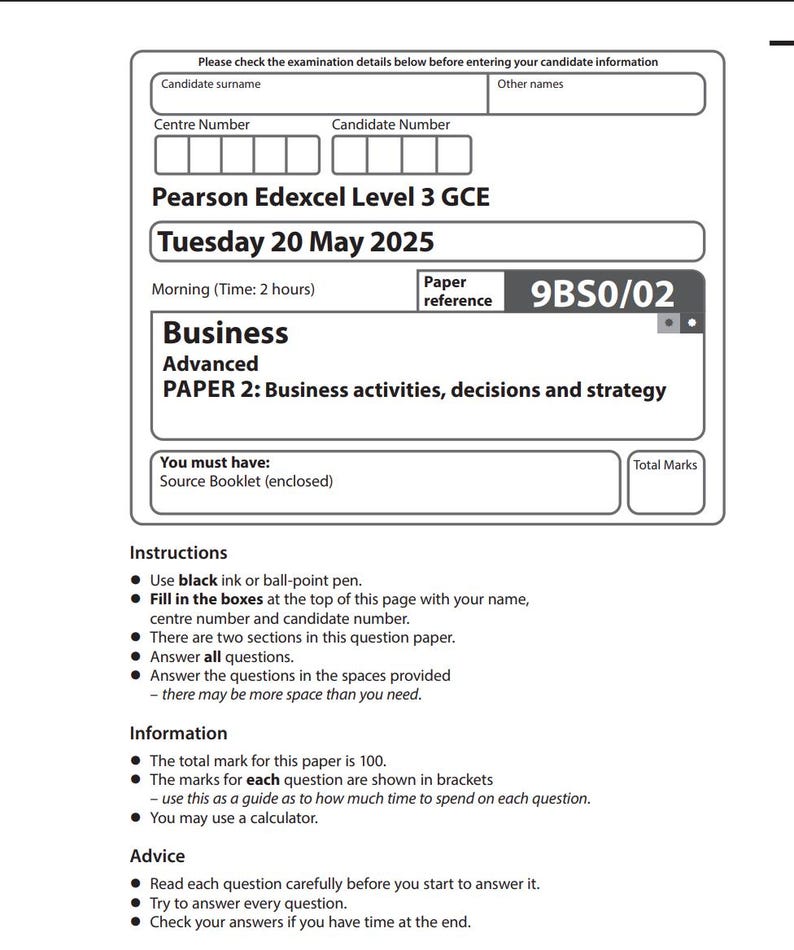2025 Pearson Edexcel A Level Business Paper 2+ Mark Scheme Business ...