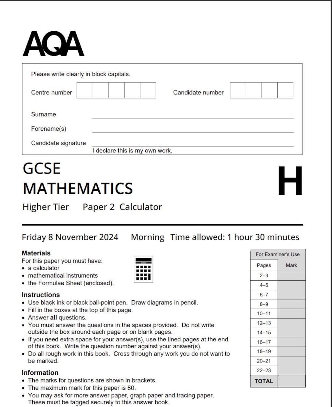 2025 AQA GCSE Mathematics Higher Tier Paper 2 and Mark Scheme ...