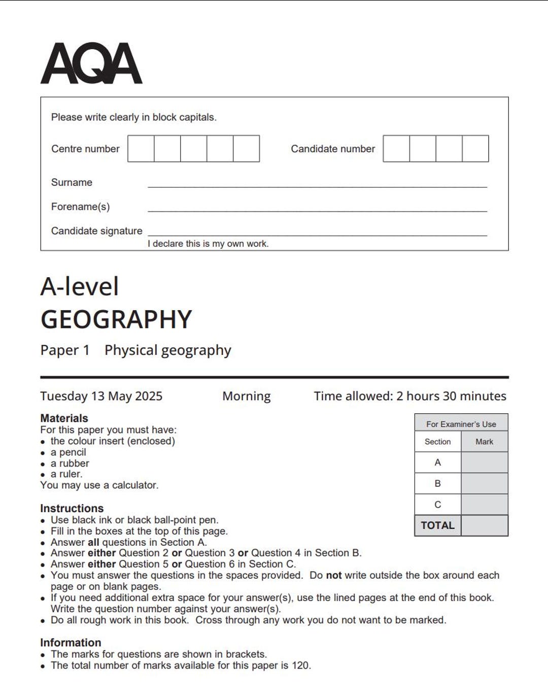 2025 AQA A Level Geography Paper 1 and Mark Scheme Physical Geography ...