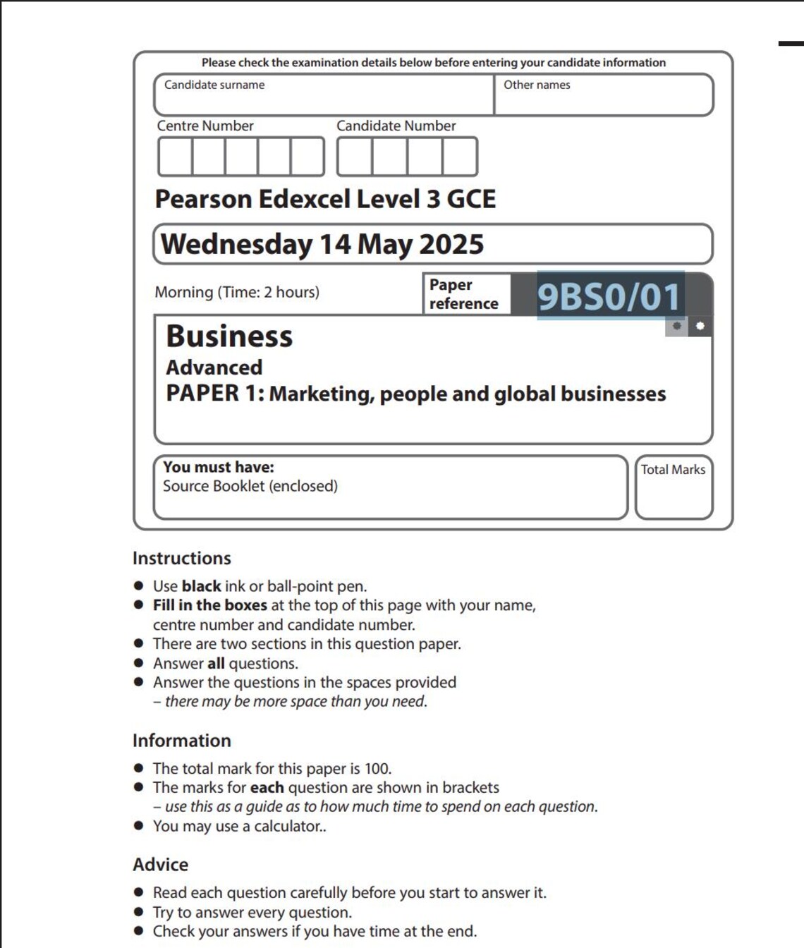 2025 Pearson Edexcel A Level Business Paper 1+ Mark Scheme Marketing ...