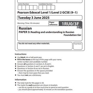 May include: A printed examination paper for the Pearson Edexcel Level 1/Level 2 GCSE (9-1) Russian exam. The paper is dated Tuesday, June 3, 2025, and includes instructions, information, and advice for the exam. The paper reference is 1RU0/3F.