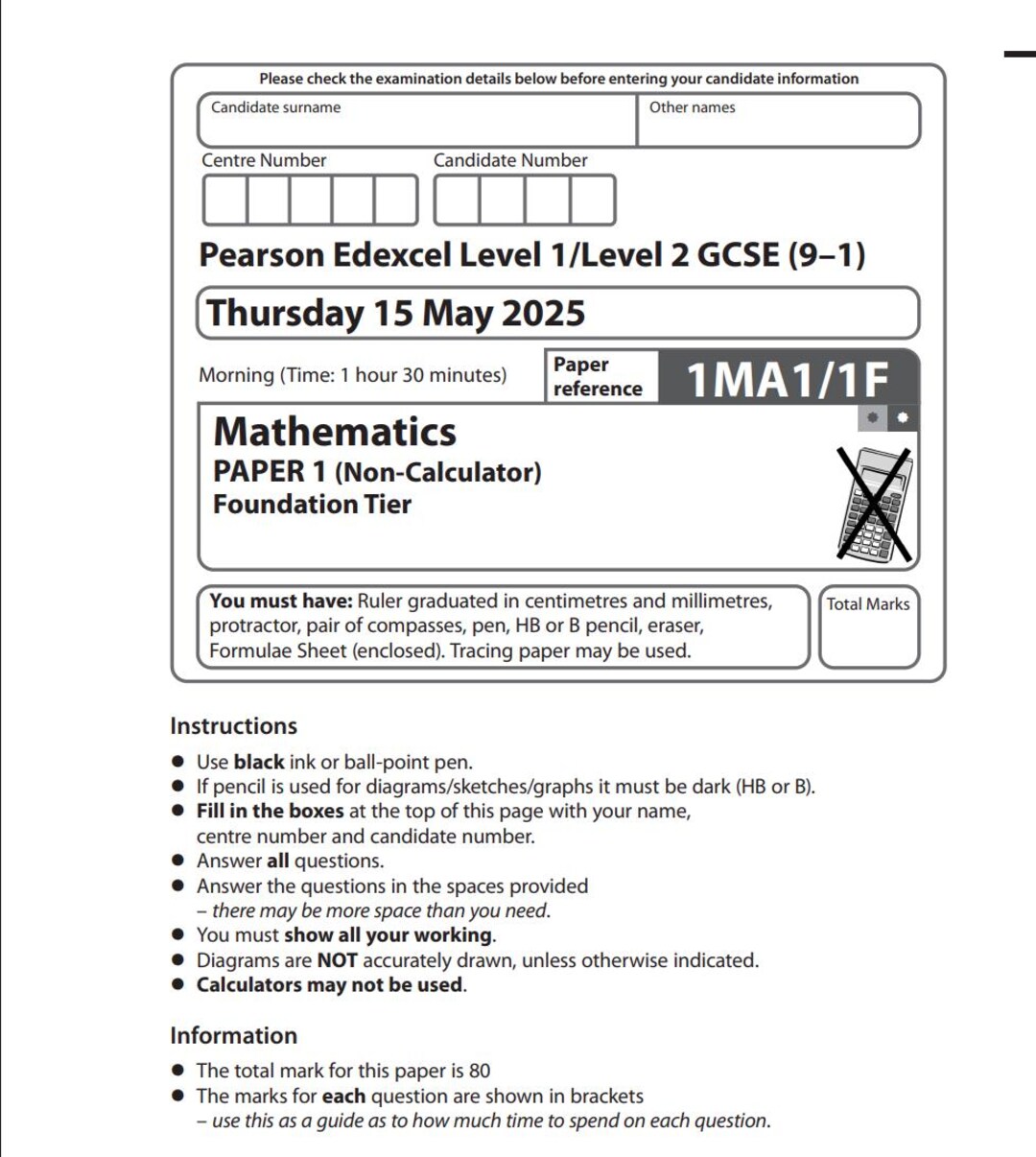 2025 Pearson Edexcel Gcse Mathematics Foundationr Paper 1f + Mark ...