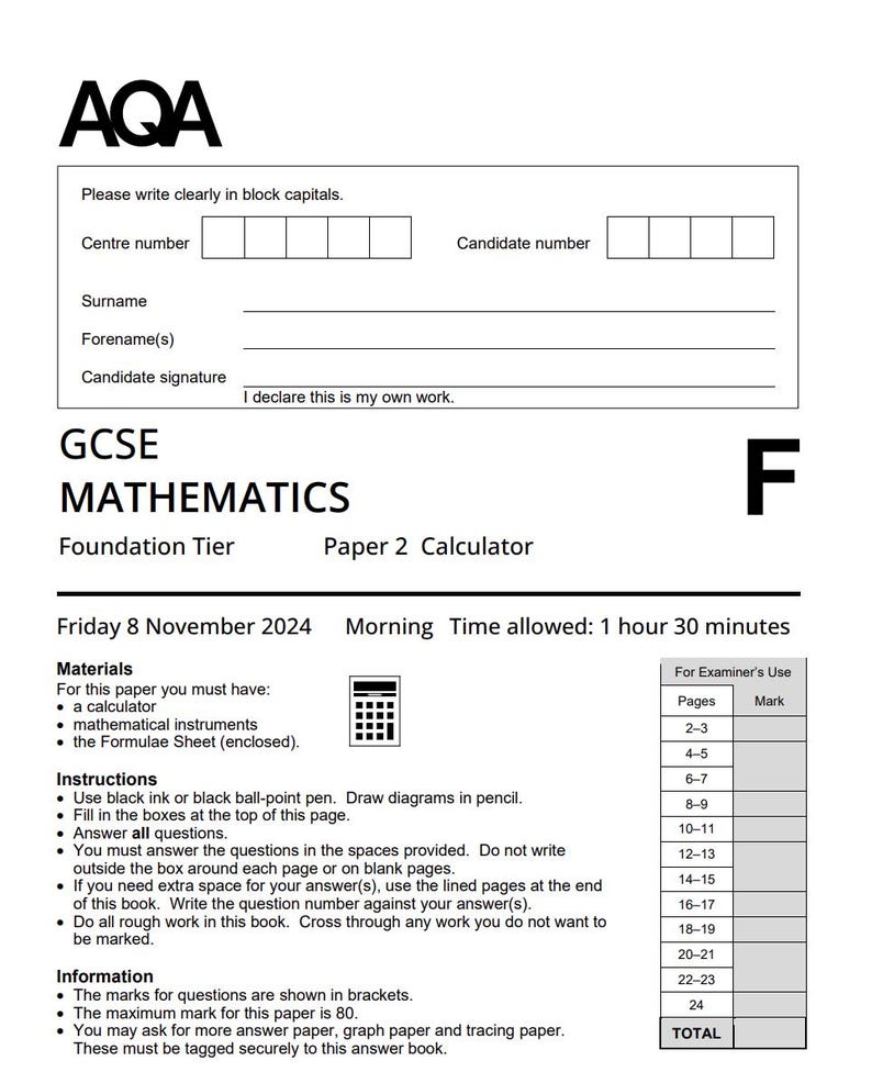 2025 AQA GCSE Mathematics Foundation Tier Paper 2 and Mark Scheme ...