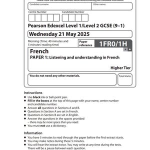 Puede incluir: Un documento de examen blanco para el examen de comprensión auditiva de francés GCSE, con fecha del 21 de mayo de 2025. El documento incluye instrucciones e información, con texto en inglés y francés. Referencia del documento: 1FR0/1H.