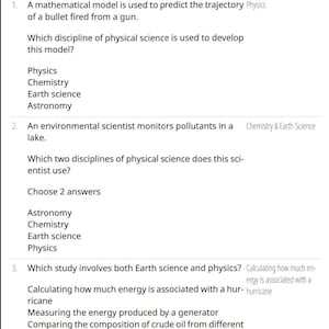 以下が含まれることがあります： WGU Integrated Physical Sciences C165-PA の学習ガイドのページで、物理学、化学、地球科学、天文学に関する質問と回答が記載されています。テキストには、数学的モデルとエネルギーに関する質問が含まれています。