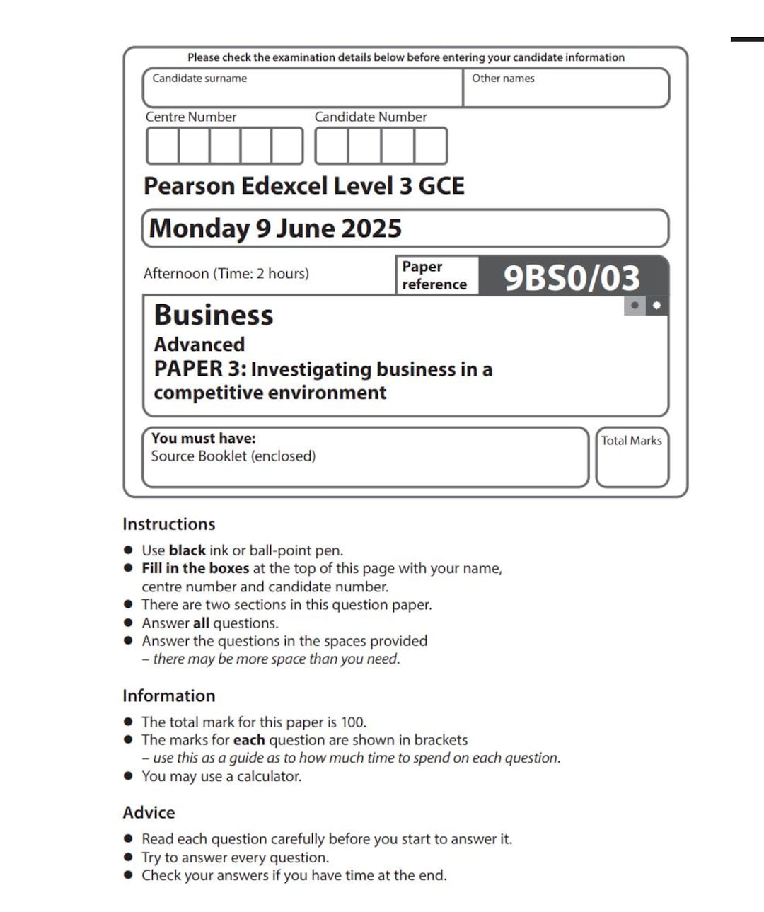 2025 Pearson Edexcel A LEVEL Business PAPER 3 MARK SCHEME9BS0 03 - Etsy.de