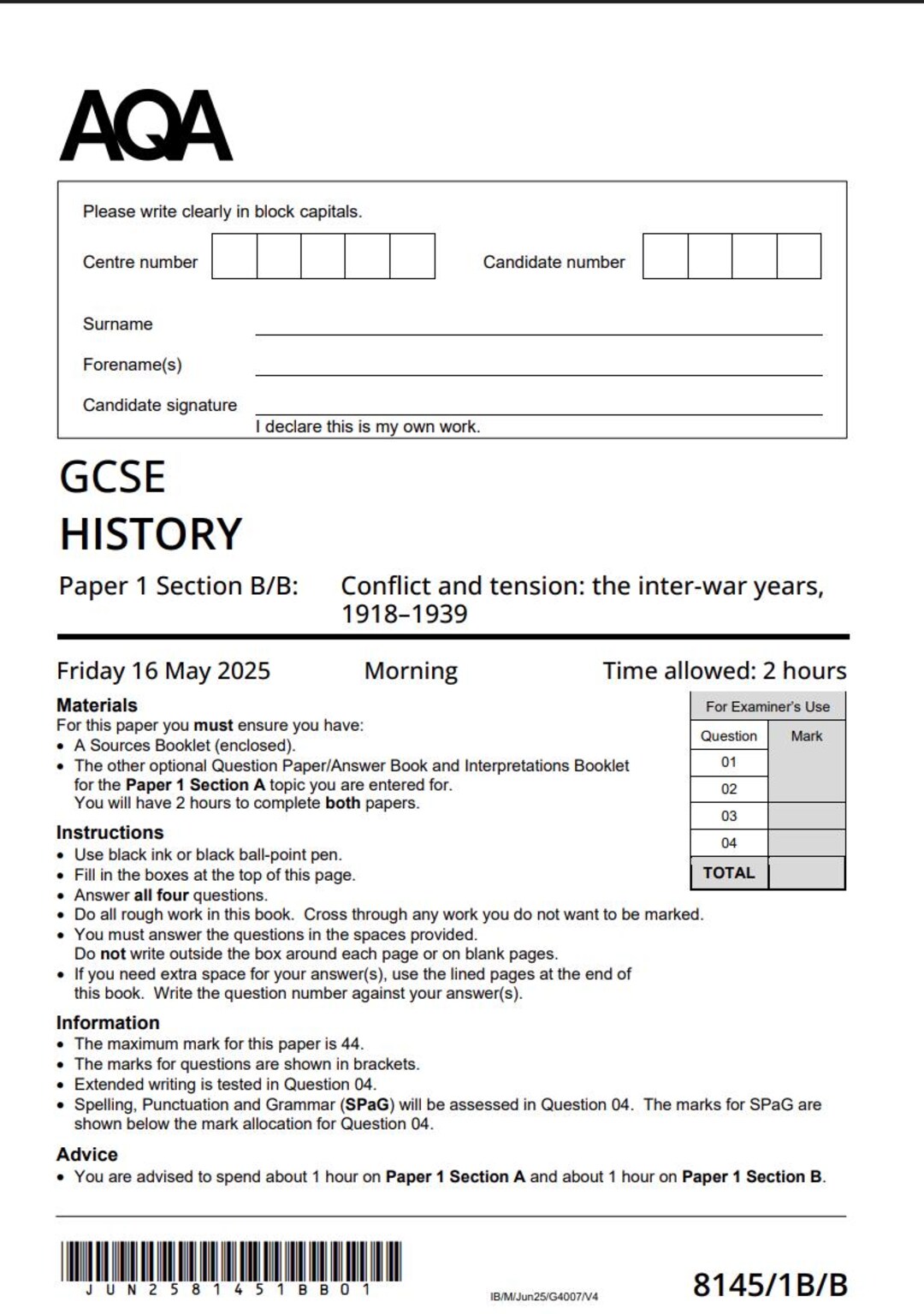 2025 AQA GCSE History Paper 1 and Mark Scheme Conflict and Tension: the ...