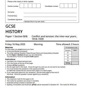 May include: A white paper with the AQA logo and text for a GCSE History exam. The paper includes sections for the candidate's information, instructions, and advice. The exam is for Paper 1 Section B/B, covering the inter-war years, 1918-1939.