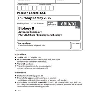 Op de afbeelding: Een Pearson Edexcel GCE-examenpapier voor Biologie B, Advanced Subsidiary, Paper 2, gedateerd donderdag 22 mei 2025. Het papier bevat instructies, informatie en advies voor kandidaten. De papierreferentie is 8BI0/02.