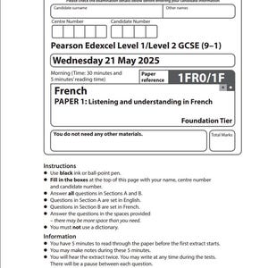 Puede incluir: Un examen impreso para una prueba de GCSE de francés. El documento incluye secciones para la información del candidato, la fecha y las instrucciones. El título es "PAPER 1: Listening and understanding in French".