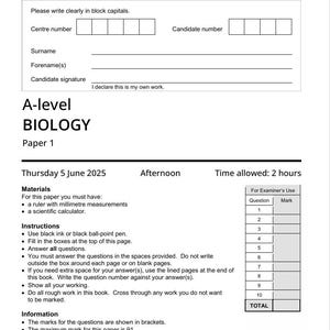 以下が含まれることがあります： 白いAQA Aレベル生物学試験問題。この用紙には、受験者の情報、指示、採点用の表が含まれています。試験は2025年6月5日木曜日に予定されており、2時間です。