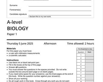 2025 AQA A Level BIOLOGY épreuves 1, 2 et 3 + système de notation (PDF)