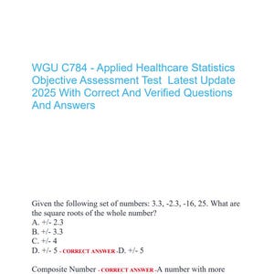 Könnte beinhalten: Weißes Dokument mit dem Text "WGU C784 - Applied Healthcare Statistics Objective Assessment Test Latest Update 2025 With Correct And Verified Questions And Answers." Das Dokument enthält eine mathematische Aufgabe und ihre Antwort.