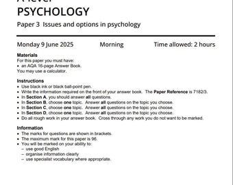 2025 AQA A Level Psychology Paper 3 and Mark Scheme  Issues and Options in Psychology 7182 3